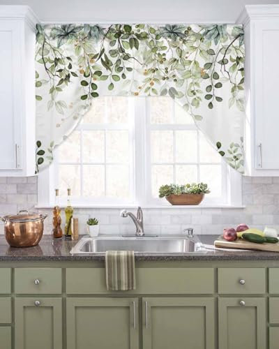 Sage Green Eucalyptus Leaves Swag Valances for Kitchen Window, Spring Summer Botanical Small Swag Curtains Drapes for Bedroom Bathroom Over Sink Rod Pocket Window Treatment Decor Valances, 56x36 Inch