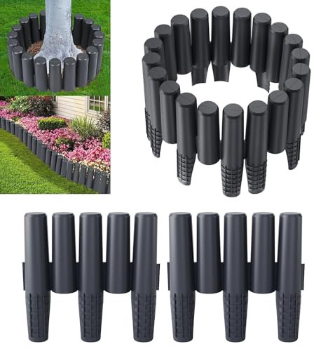 FIVMEN 8,4M Rasenkante Kunststoff Beeteinfassung Neu-Holzpfahl-Type Beetumrandung mit Bodenspieß & Schnalle, Flexible Schneidebar Gartenpalisade, Anthrazit (30er, 28x24cm)