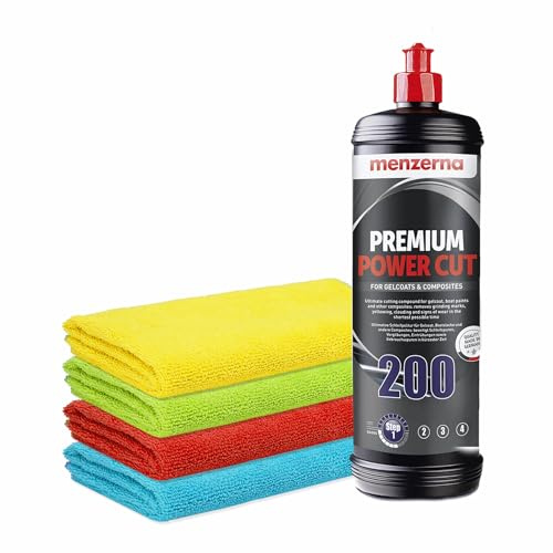GFK Politur Set | Menzerna Premium Power Cut 200 1L Gelcoat Bootspolitur + 4x Poliertuch | Für hervorragende Ergebnisse bei der Aufbereitung von Boot Caravan Wohnwagen Wohnmobil