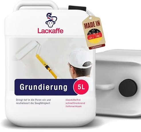Lackaffe 5L Grundierung für Innen & Außen - Tiefgrund, Haftgrund & Putzgrundierung; Lösemittelfrei, wasserbasiert; Ideal für Wände, Gipskarton, Tapeten & Fliesen; Universal & für Beton LK-100