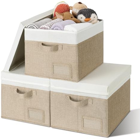 GRANNY SAYS Contenedores de almacenamiento con tapas, contenedores de almacenamiento de lino para estantes, cajas de almacenamiento decorativas, almacenamiento de ropa y organización para organizar