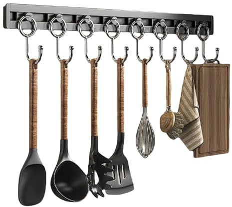 Zenithuxe Support d'ustensiles de Cuisine adhésif.Porte Casserole Mural Cuisine Mural pour Suspendre Les Ustensiles de Cuisine.Barre à Accrocher des Rail Support30/ 40/50/60cm avec 4-10 Crochets.