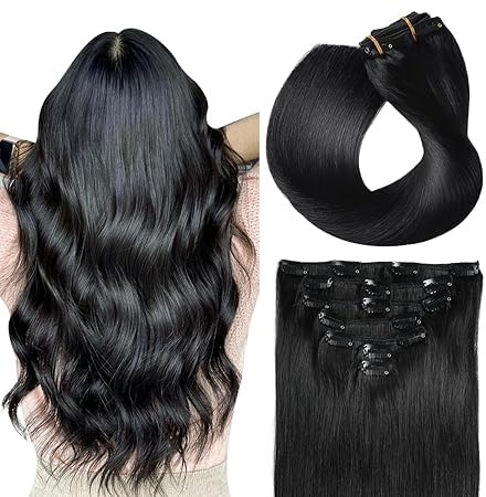 SUYYA Clip in Extensions Echthaar, Salon Remy Menschenhaar Extensions Echthaar Gerade Glatt Chthaar Extensions Clip Doppelt Genäht 12 Zoll 30cm 7 Stück 70G #1 Tief Schwarz