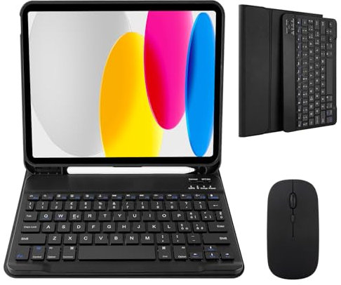 Nsyee Étui avec clavier et souris pour iPad 11e génération (A16) 11 pouces 2025, 10 a genene 10,9 pouces 2022, clavier sans fil Bluetooth amovible pour iPad 11th 10th Gen, italien QWERTY - Noir