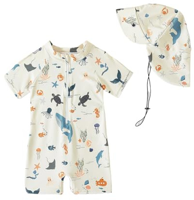 Bañador beber Niño Niña Protección UV 50, Traje De Baño con Gorro Bebe Fato Baño UV, Beige Oceam 1-2 Años
