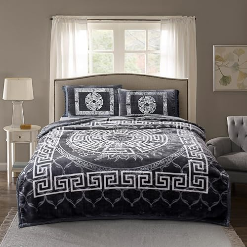 StylemyBedroom 2 PLY Thick Warm Heavy Double/King Winter Blanket Throw, Greek & Floral design (Grey White, 200cm x 240cm)