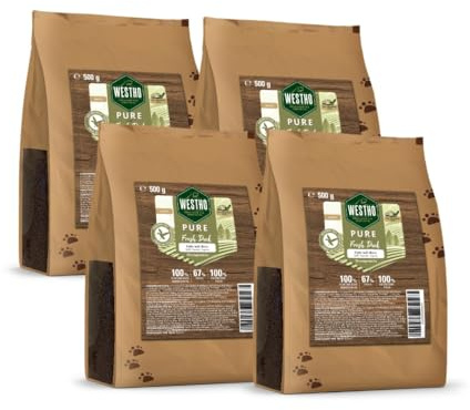 WESTHO Trockenfutter Pure Ente & Reis 4x500 g, getreidefrei | Sensitiv & auch bei Unverträglichkeiten geeignet, in Lebensmittelqualität – für alle Rassen