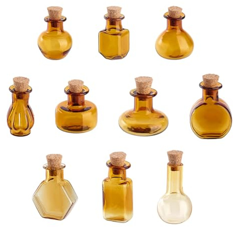 PH PandaHall 10 estilos de mini botellas de vidrio decorativas para deseos, frasco de hechizos, botella de vidrio pequeña con tapa de corcho, mini tarros soplados para adornos colgantes de verano