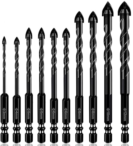Flintronic Brocas Porcelanico, 10 PCS Juego de Brocas para Azulejos, Taladro de Vidrio con Vástago Hexagonal,Carburo Brocas, para Mampostería, Cerámica, Pared, Cemento, Ladrillo, Metal, Madera, A