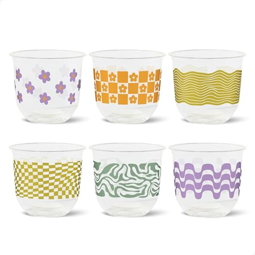 TOSSWARE NATURAL 12oz Arc - Retro Art - Plant Based 98mm Cups - Plastic Alternative for Parties, Bachelorettes, Weddings - Recyclable Theme Cold Cups - Set of 24
