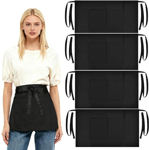 JNEYVIC 4 Stück Vorbinder Schürze Kurz Taillenschürze Schwarz Kellner Schürze 70 x 40 Cm Halbschürze Damen Kochschürze Taille Herren Bistroschürze Küchenschürze mit 3 Taschen für Restaurant Bar