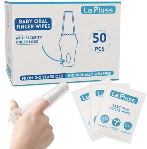 La Fluss - 50 toallitas orales para dedos para bebés, adecuadas de 0 a 24 meses, limpia suavemente la boca, las encías y la lengua de tu bebé, envueltas individualmente