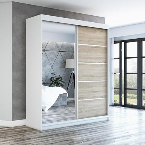 A&J MöbelLand Schwebetürenschrank PIK Kleiderschrank 2-türig mit Spiegel & 2 Schubladen, Garderobe 180 cm (Sonoma)