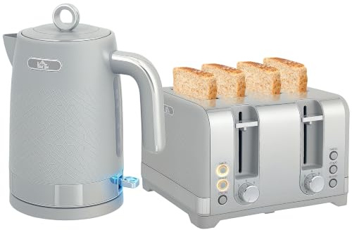 HOMCOM Kettle and Toaster Set 1.7L 3000W Jug Kettle 4 Slice Toaster Grey | Rapid Boil, Otter Thermostat, Limescale Filter, 7 Browning Controls, Crumb Tray