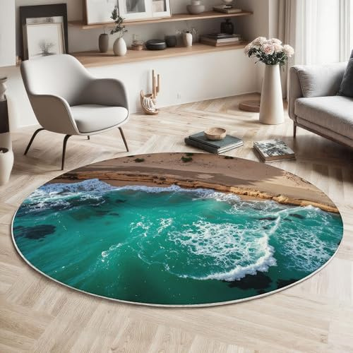 MLSOWM Sandy Coast Kurzflor Teppich Rund 60cm Waschbarer Rutschfester Teppiche Luftaufnahme des Strandes Bettvorleger Pflegeleicht für Wohnzimmer, Schlafzimmer, Esszimmer, Türkis