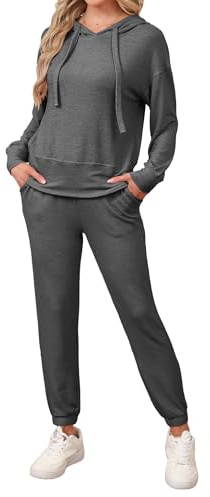 Famulily Long Sleeve Tracksuit Womens Full Set Solid Color Drawstring Hoodies and Elastic Jogger Pants with Pockets S-XXL