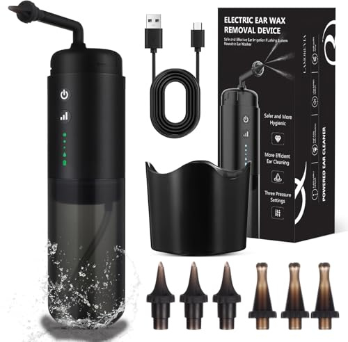 TOBBOMEY Pulitore Automatico per Orecchie Elettrico Ugelli di Ricambio, Kit Completo di Lavaggio Auricolare Intelligente per Rimozione Sicura del Cerume, Dispositivo Compatto per Uso
