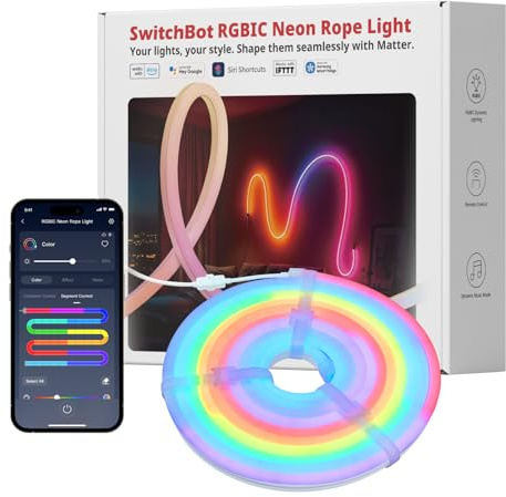 SwitchBot RGBIC Neon Rope Light, 5M Matter Neon LED Strip Light Works with Apple Home, Alexa and Google Home, 16 Million Colors, Music Sync, Scene Modes, LED Neon Lights for Bedroom, Wall Decor