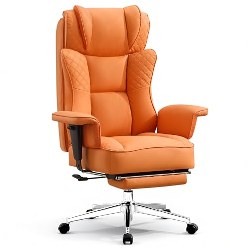 Big and Tall Office Chair, Ergonomic Leather Reclining Chair with Footrest, High-Back Comfy Executive Computer Desk Chairs with Lumbar Support, Wide Seat, 400LBS (Orange)