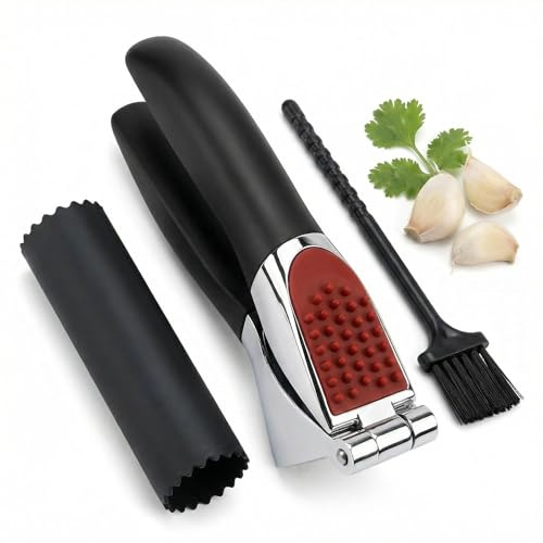 URMONA Prensa Ajos de Acero Inoxidable con Pelador y Cepillo de Limpieza | Set de 3 piezas, acero inoxidable 304 y zinc, resistente al óxido, ergonómico, fácil de limpiar, para ajo, jengibre y más