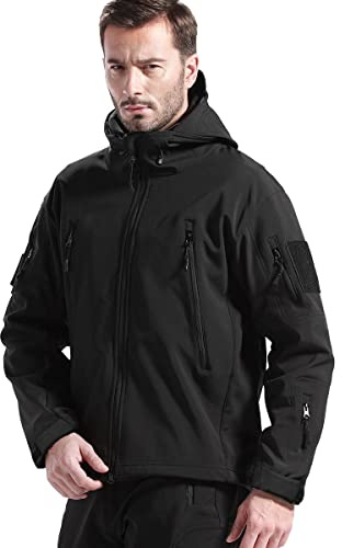 FREE SOLDIER Giacche militari Softshell da uomo Fodera in pile da esterno Giacca antivento impermeabile con cappuccio Giacche tattiche calde multitasche per escursioni di caccia (Nero,S)