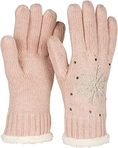 styleBREAKER Damen Strickhandschuhe Schneeflocke | Wärmendes Fleece-Innenfutter gegen Kälte, glitzernde Strasssteine, weiches Bündchen, sehr elastisch für 16-21 cm Handumfang.