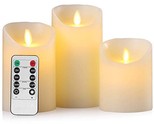 Aku Tonpa Flameless Candles Battery Operated Pillar Real Wax Flickering Moving Wick Electric LED Candle Set with Remote Control Cycling 24 Hours Timer, Pack of 3 (D:7.5cm X H:10, 12.5, 15cm)