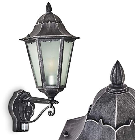 HOFSTEIN Außenwandleuchte Lignac FROST, Außenwandlampe mit Bewegungsmelder aus Metall/Milchglas in Schwarz-Silber, Wechselscheiben Klar, Wandleuchte im Retro-Stil, E27, IP44, Eingangsbereich, Haustür