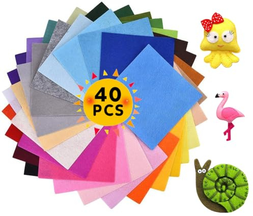 40 Stück Filzstoff, Bastelfilz Set mit Sortierte Farben Vliesstoff Filz Blätter für Kinder, Filzplatten zum DIY Handwerk Projekte Polyester Felt 15x15cm Fit für Filzuntersetzer Basteln Nähen Patchwork