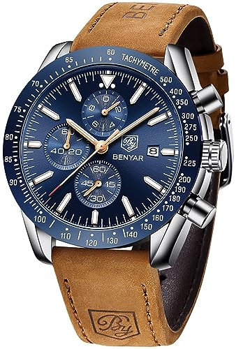 BENYAR herrenuhr Edelstahl Strap Chronograph Quarz Uhr Männer Datum Kalender Wasserdicht Armbanduhr Herren Sport mit Blau/Schwarz Zifferblatt