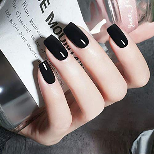 TseenYi Künstliche Nägel Reine Schwarze Lange Quadratische Kopf Falsche Nägel einfarbige Vollabdeckung Glänzende Sarg Gefälschte Nägel für Frauen und Mädchen （24 Stück）