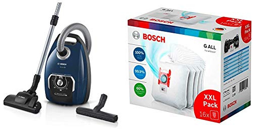Bosch Hausgeräte Serie 8 BGB75X494, Staubsauger mit Beutel, blau + BBZ16GALL Staubsaugerbeutel PowerProtect, Stück mit Verschluss, passend für alle Baureihen außer BSG8, BSN1, 16 Staubbeutel