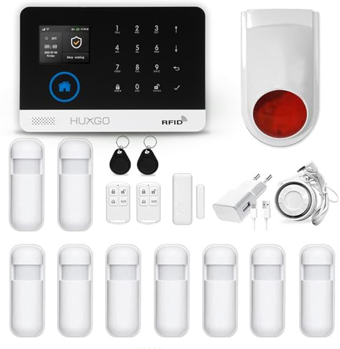 HUXGO HXA003 Funk Alarmanlage WiFi + GSM Modul mit 9X Bewegungssensoren und Drahtlose Alarmsirene - Funk Bewegungsmelder mit Empfänger