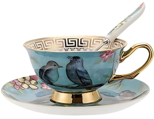 Jiotouhu Ensemble tasse et soucoupe de style européen en porcelaine anglaise pour petit déjeuner, maison, cuisine, motifs oiseaux et arbres (bleu)