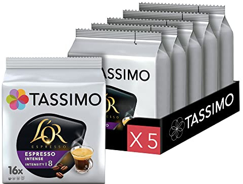 Tassimo, 80 Dosettes Café L'OR Espresso Intense, Intensité 8 | Compatibles avec les machines TASSIMO, 80 cafés, 5 packs de 16 dosettes