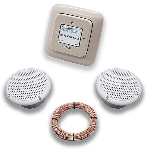 Busch Jäger iNet Internet Unterputz Radio 8216U DURO2000 cremeweiß, Komplett-Set mit 2 x Decken Feuchtraumlautsprecher/Badezimmer + 20 m Lautsprecherkabel 2x0,75 mm2 8216 U Internetradio