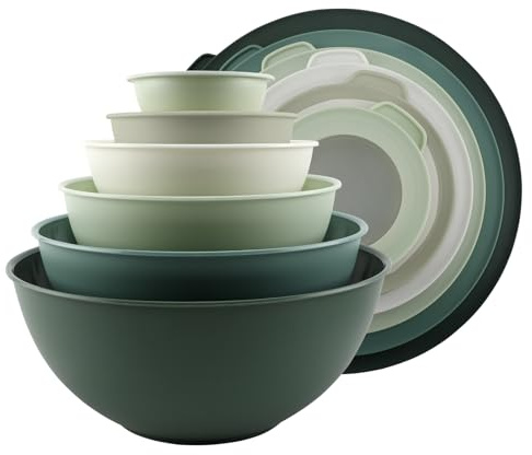 COOK WITH COLOR Mixing Bowls with TPR Lids - 12 Piece Plastic Nesting Bowls Set includes 6 Prep Bowls and 6 Lids - Microwave Safe (Sage)