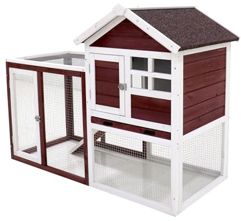 TsoLay Kaninchenkäfig aus Holz, für den Außenbereich, Massivholz, Haustierhaus mit wasserdichtem Sonnenschirm, Kaninchenkäfig, für drinnen und draußen, Hasenkäfig, Kaninchennest