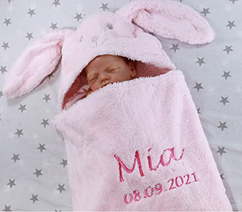 MitNamen Zweilagige Babydecke und Datum Bestickt - Wagendecke - 3D Motiven - (Rosa - Hase)