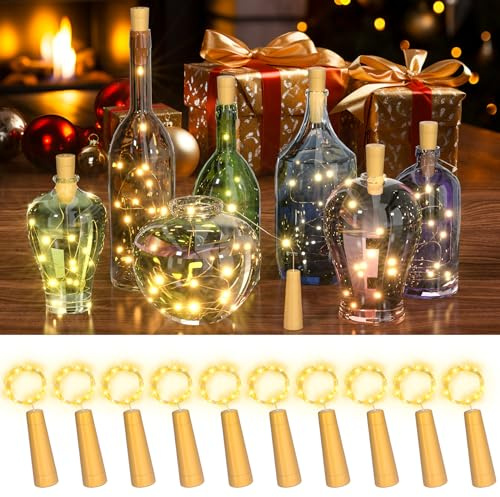 PChero LED Flaschenlicht mit 6 Std Timer, Flaschen Lichterkette, 2M 20 LEDs | 10er Flaschenlichterkette Korken Lichterkette, Flaschenlicht, Wasserdicht, für Flaschen Hochzeit Party DIY Deko, Warmweiß