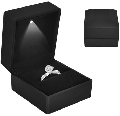 Colexy Ring Box With LED Light, Velvet Ring Boxs, Jewelry Display Gift Box with LED Internal Lighting, LED Lighted up Ring Case Storage Holder Display Case, for Proposal Engagement Wedding (black)