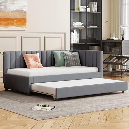 Kinderbett 90x200, Bett Schlafsofa mit Ausziehbares Rollbett und Lattenrost, Polsterbett Tagesbett Sofabett Jugendbett Einzelbett Doppelbett Gästebett für Wohnzimmer Schlafzimmer, Samtstoff, Grau