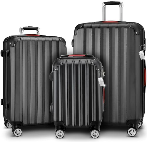 MONZANA® 3tlg. Kofferset, Schwarz - M-L-XL - inkl. Schloss, Organizer & Kofferwaage - Gurt Gel-Griffe, Zwillingsrollen, Standfüße, Trolley, Reisekoffer, Hartschalenkoffer, Gepäck-Set, Trolley Set