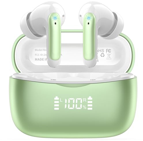 Bluetooth Kopfhörer, Kopfhörer Kabellos Bluetooth 5.3 in Ear Kopfhörer mit 4 ENC Noise Cancelling Mic, 56H HiFi Stereo Tiefbass Spielzeit, IP7 Wasserdicht Ohrhörer LED Anzeige, Touch Control, Grün