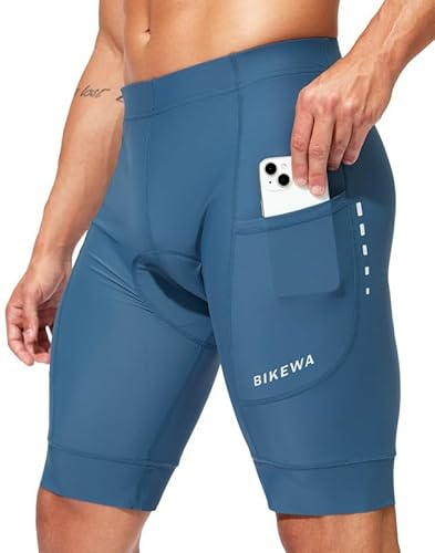Bikewa Padded Bike Shorts for Men 4D Cycling Road Riding Biking Padding Bicycle Shorts with Phone Pockets(Blue Grey,L)