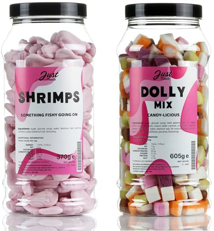 Just Treats Candy Shrimps and Dolly Mixtures - Sweet Gift Jars of A Fusion of Nostalgia - 4,8