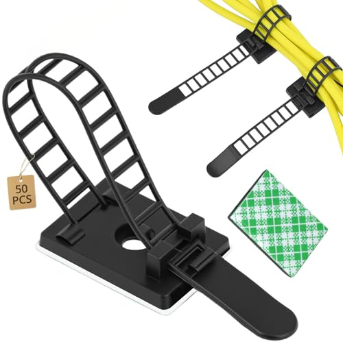 QWORK® 50 Stück Kabelclips mit Klebehalterung, Wiederverwendbares Kabelmanagement für Haus, Büro, Garage und Werkstatt