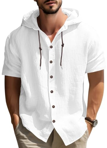 MEDUOLA Camisa de Manga Corta de Lino para Hombre,Cuello con Capucha,Diseño Ligero y Transpirable para Verano,Estilo Casual y Modern （M,Blanco
