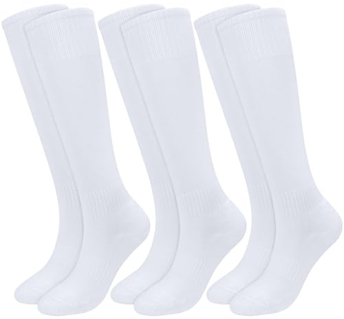 KOOOGEAR 3 paia di calzini da calcio per bambini, neri, bianchi, lunghi, calzini sportivi, comodi, imbottiti, per corsa, hockey, calcio, rugby, 5-12 anni, 3 paia di colore bianco, 5-8 Years
