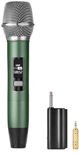 Meloace Rechargeable Wireless Microphone, Two Metal UHF Microphones with 1/4 Receiver, Plug-and-Play for Karaoke Singsing, Lecture, Stage Performance, PA System (Green - One Mic)